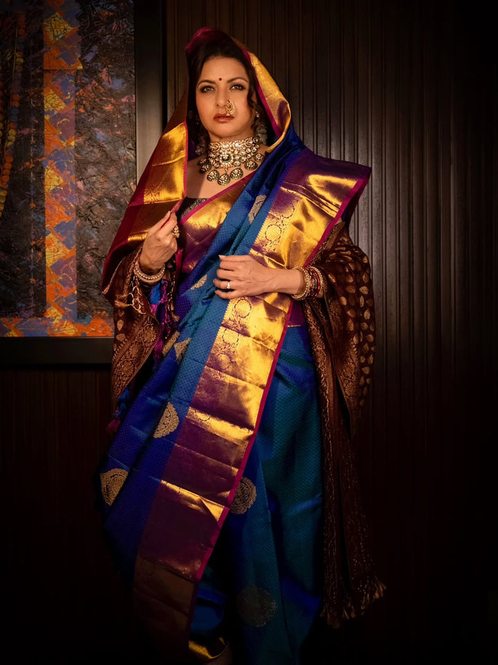 Exquisite Peacock Blue Dual tone Self Brocade on Kanjivaram Pure Silk Saree with Damask Motifs and Zari Border | SILK MARK CERTIFIED | SHOBITAM