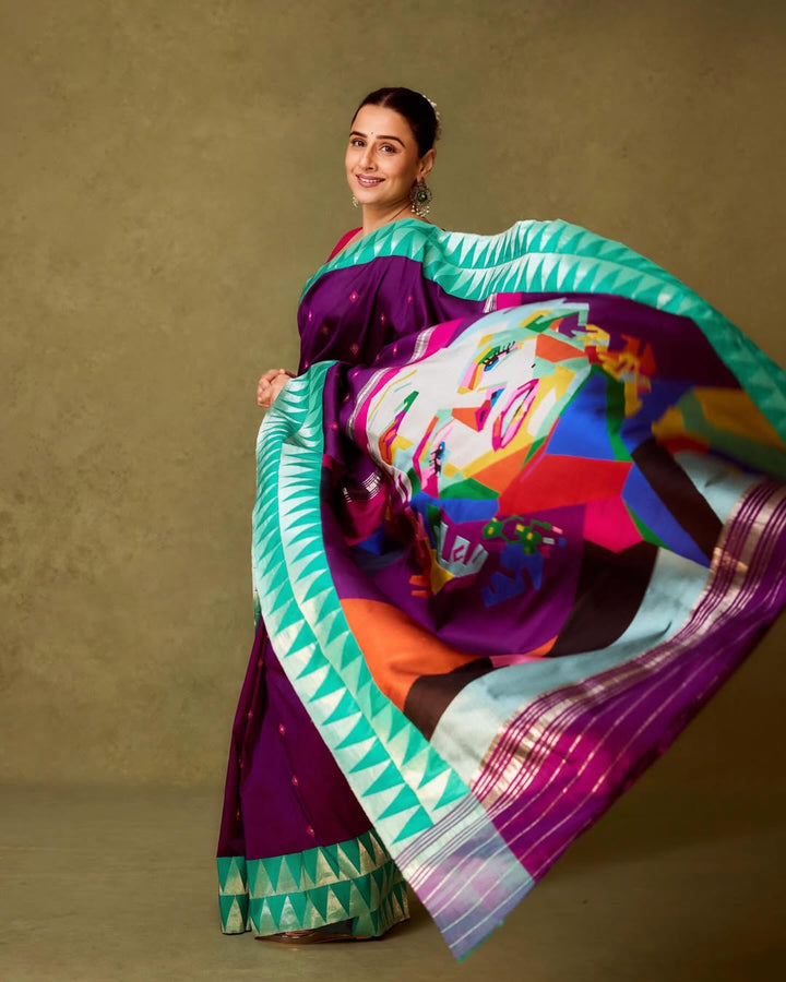 Statement Vidya Balan Marilyn Monroe Pallu Authentic Yeola Paithani Handloom Saree with Contrast Temple Zari Borders| SILK MARK CERTIFIED | SHOBITAM
