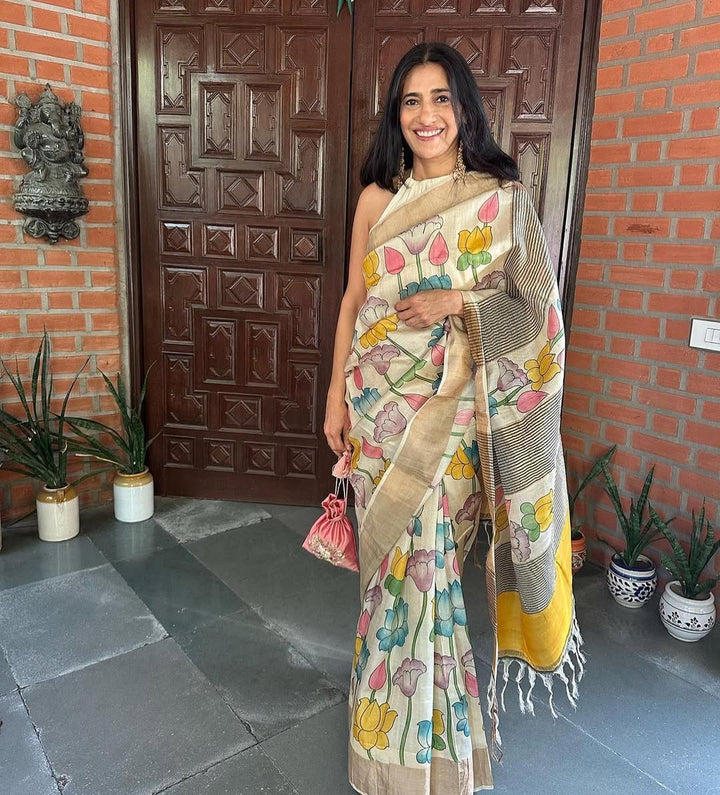 Beige Tussar Saree with Kalamkari Hand Painted and Zari Border | SILK MARK CERTIFIED