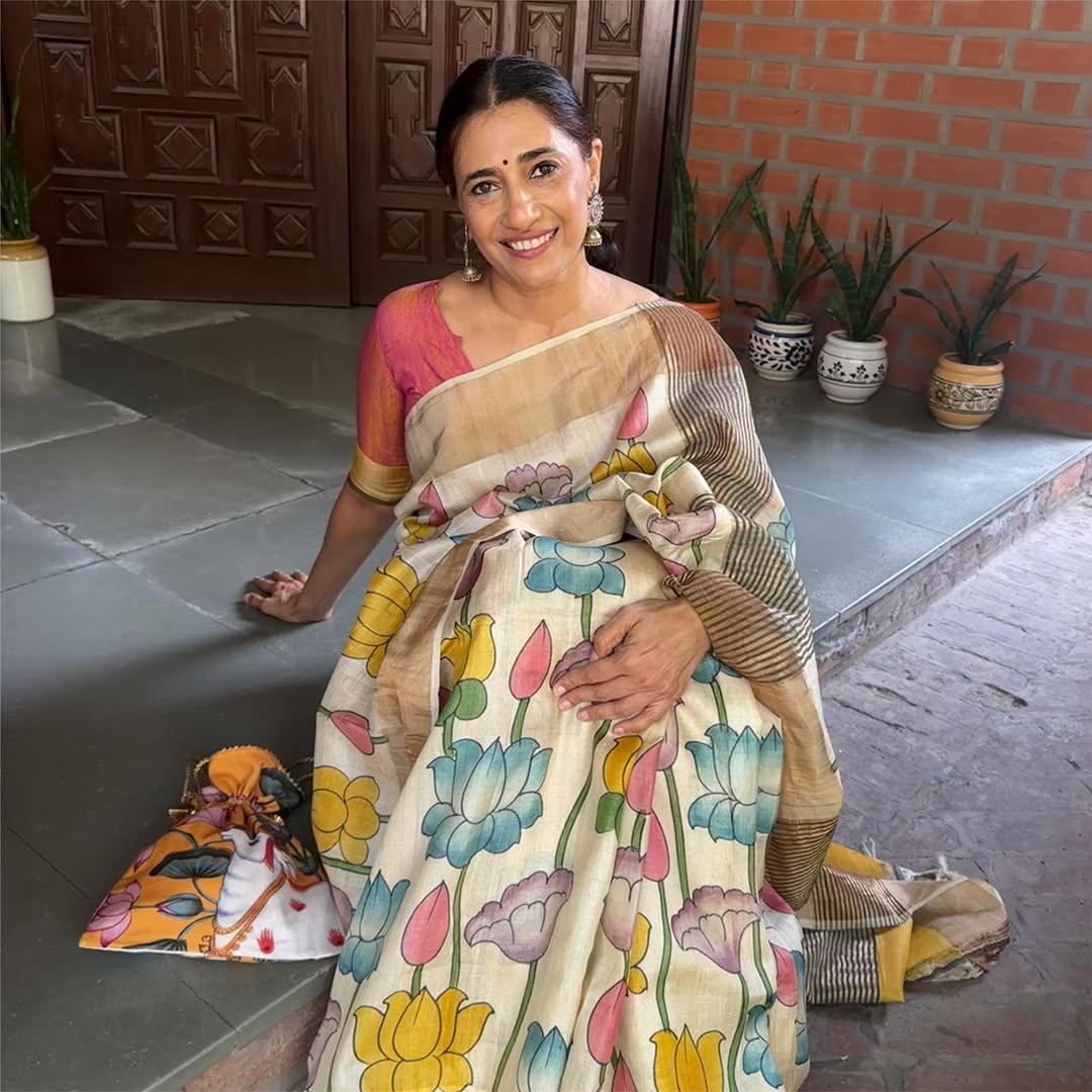 Beige Tussar Saree with Kalamkari Hand Painted and Zari Border | SILK MARK CERTIFIED