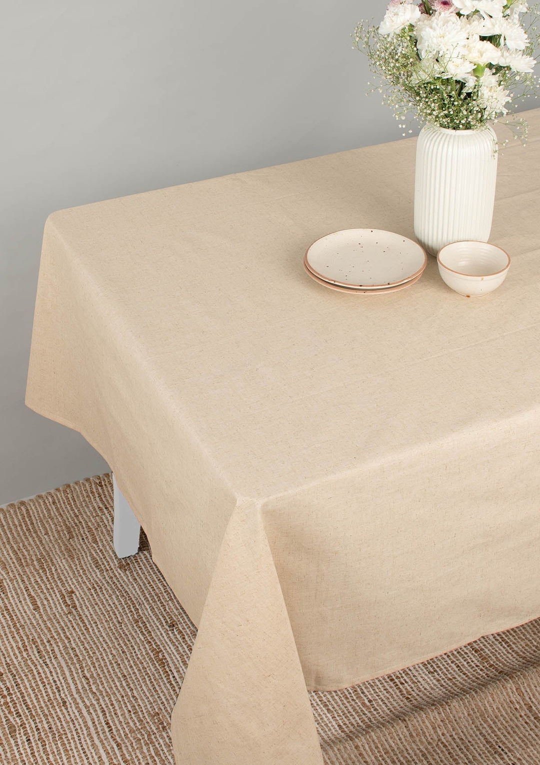 Solid Linen beige Spill safe water-resistant coated cotton table cloth | SHOBITAM