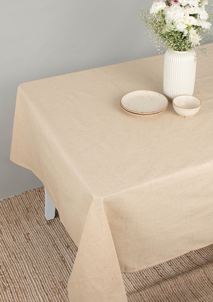 Solid Linen beige Spill safe water-resistant coated cotton table cloth | SHOBITAM