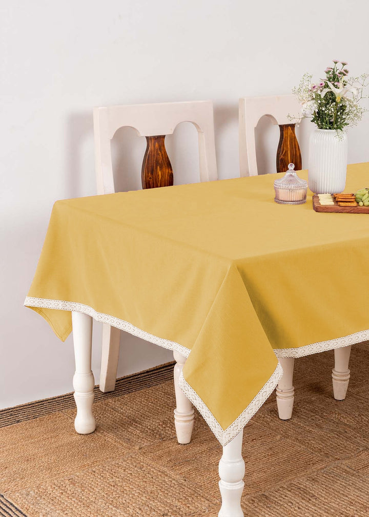 Solid Mustard 100% cotton plain table cloth for 4 seater or 6 seater dining with lace border | SHOBITAM