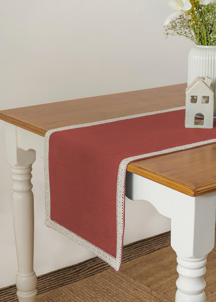 Solid Brick Red 100% cotton plain table runner for 4 seater or 6 seater dining with lace border - Brick red | SHOBITAM