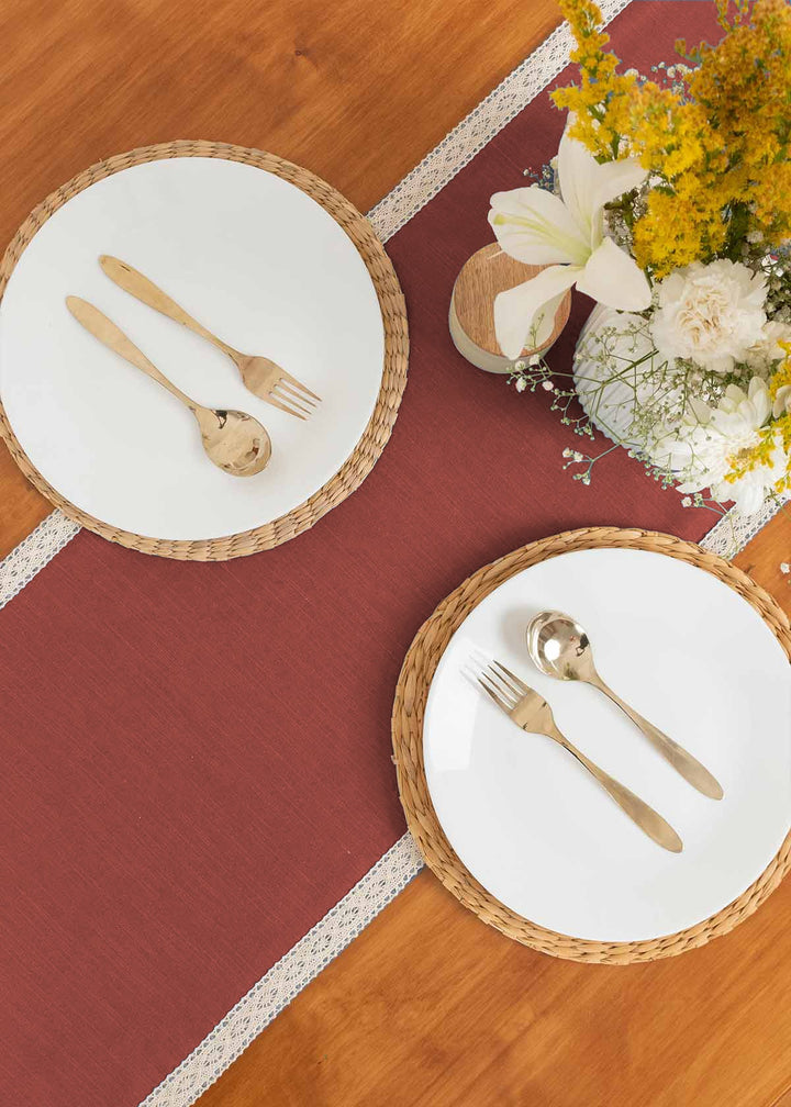 Solid Brick Red 100% cotton plain table runner for 4 seater or 6 seater dining with lace border - Brick red | SHOBITAM