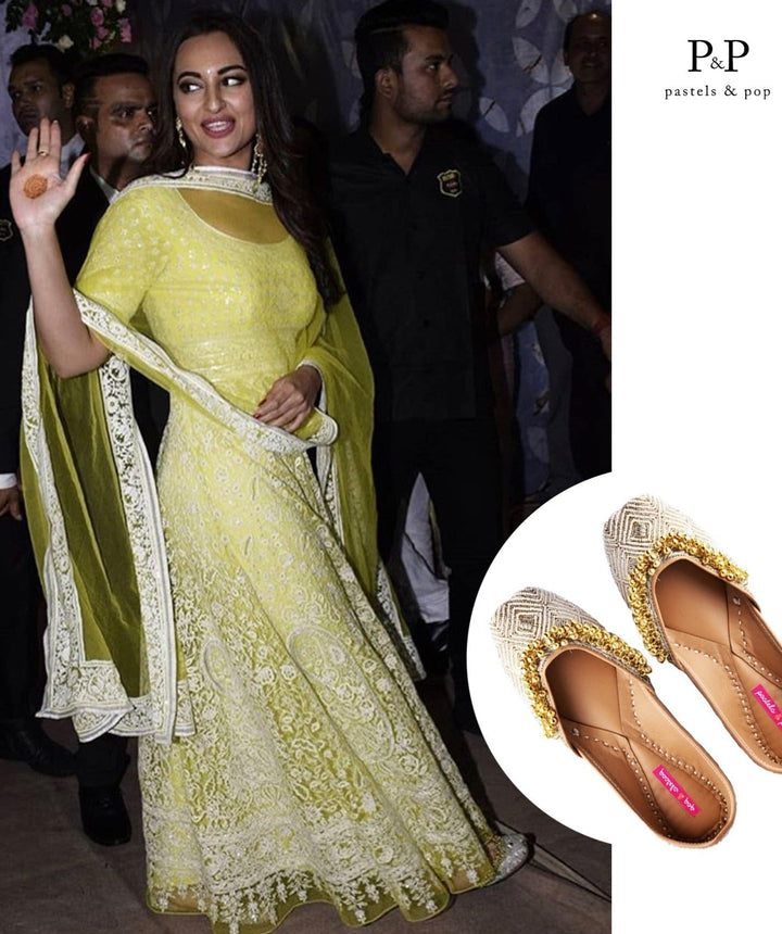FIRST LOVE White Geometric Beaded Punjabi Juttis