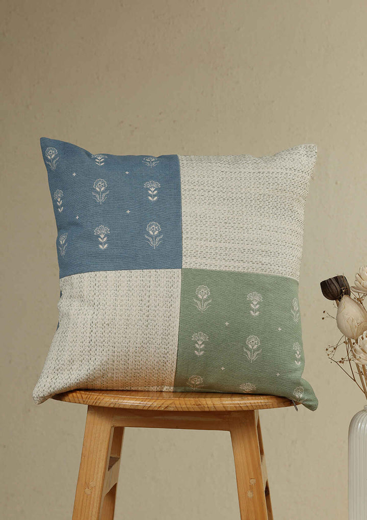 Sora Green & Blue Textured 100% Cotton Cushion Cover For Sofa | SHOBITAM