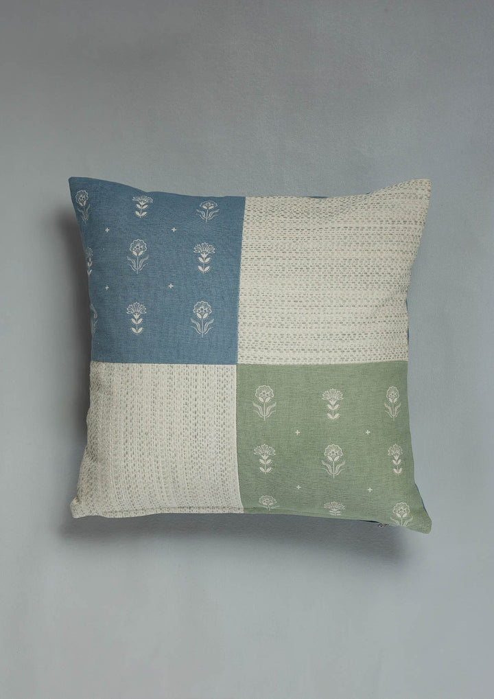 Sora Green & Blue Textured 100% Cotton Cushion Cover For Sofa | SHOBITAM
