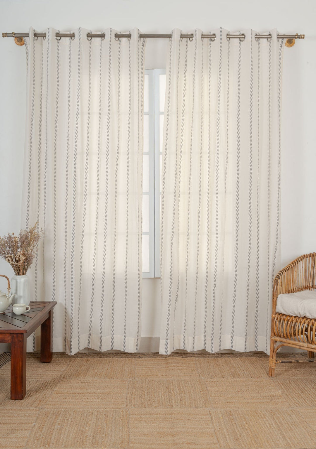 Spear 100% cotton geometric sheer curtain for living room - Light filtering - Black - Single - Single Piece | SHOBITAM