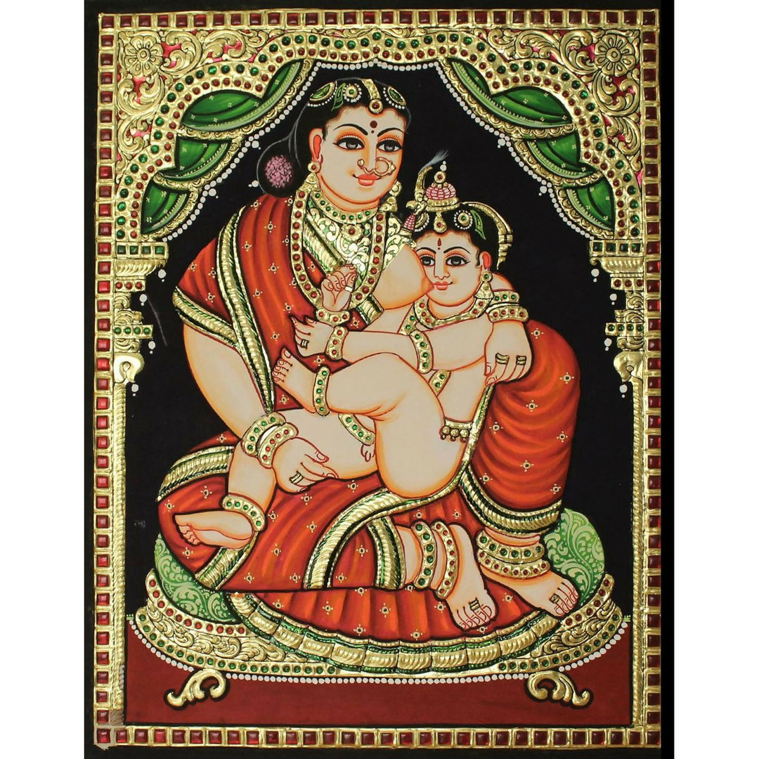 12*15" Authentic Tanjore painting of Yashoda with Krishna with 22 Ct Gold Foil, Unframed | SHOBITAM