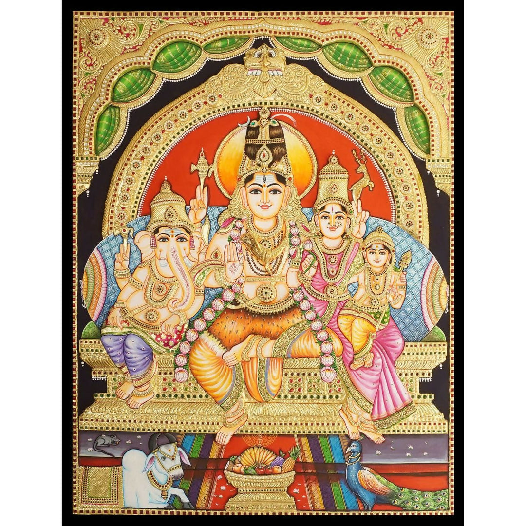 36*48 Tanjore painting of the Shiva Family Authentic With 22 Ct gold Foil and Jaipur Gemstones,Unframed | Sobitam