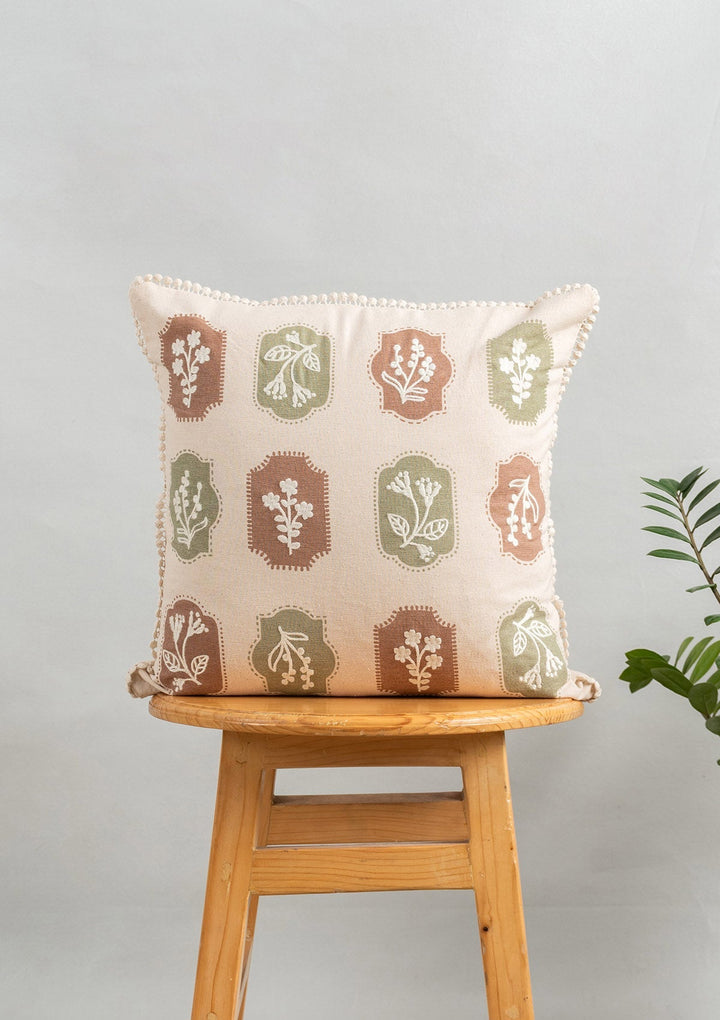 Stamps Green & Rust Floral Embroidered Cushion Cover for Sofa – 100% Cotton 16" x 16" | SHOBITAM