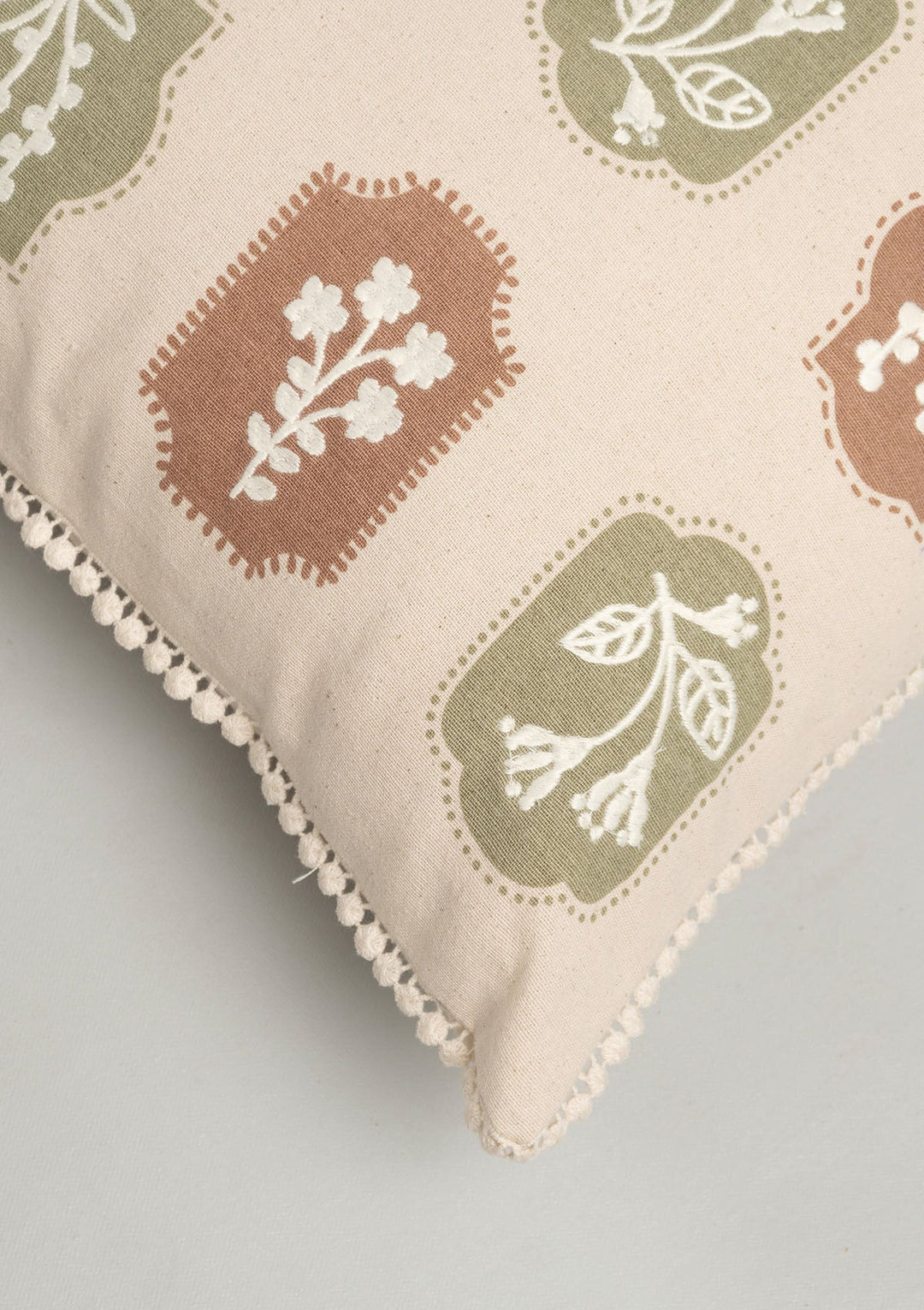 Stamps Green & Rust Floral Embroidered Cushion Cover for Sofa – 100% Cotton 16" x 16" | SHOBITAM