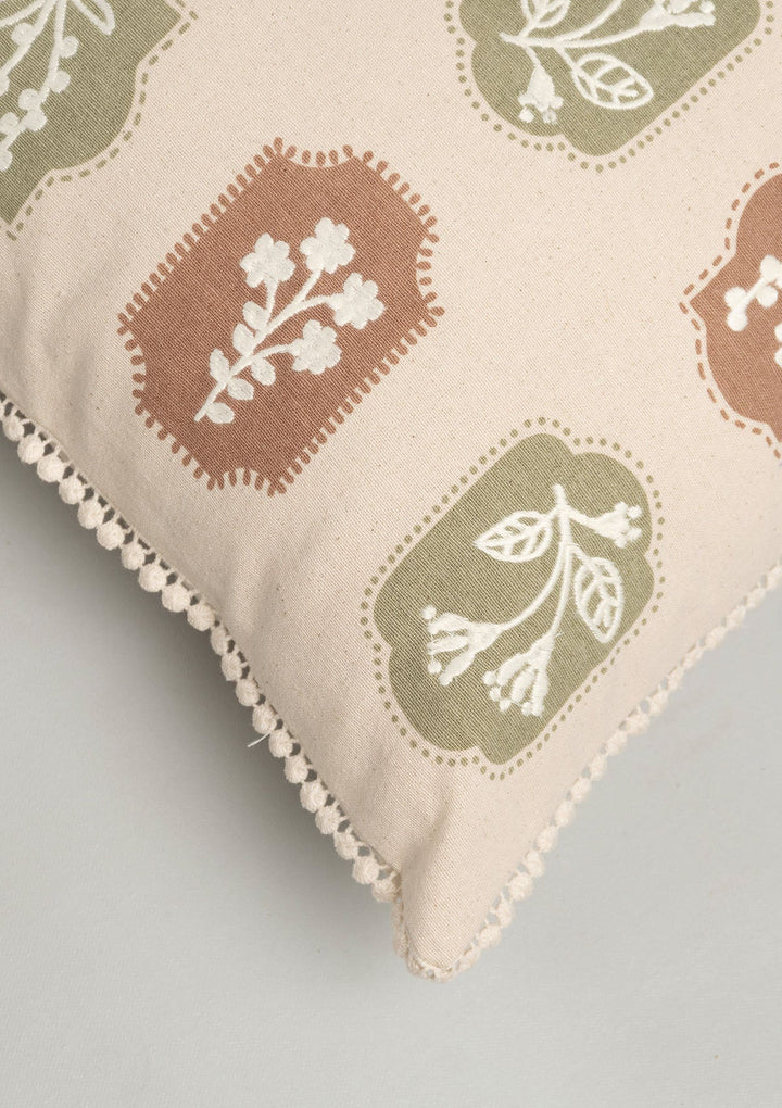 Stamps Green & Rust Floral Embroidered Cushion Cover for Sofa – 100% Cotton 16" x 16" | SHOBITAM