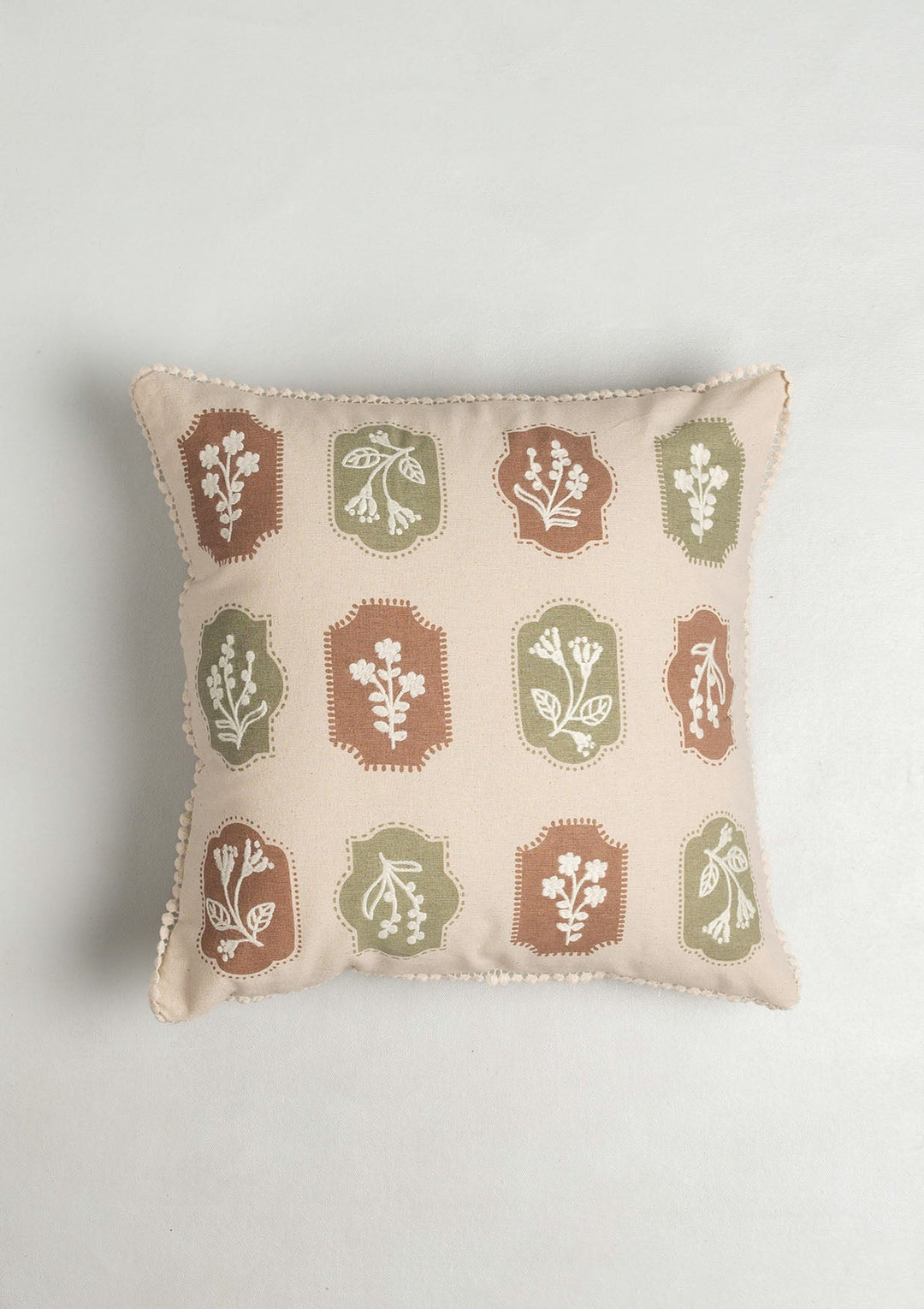 Stamps Green & Rust Floral Embroidered Cushion Cover for Sofa – 100% Cotton 16" x 16" | SHOBITAM