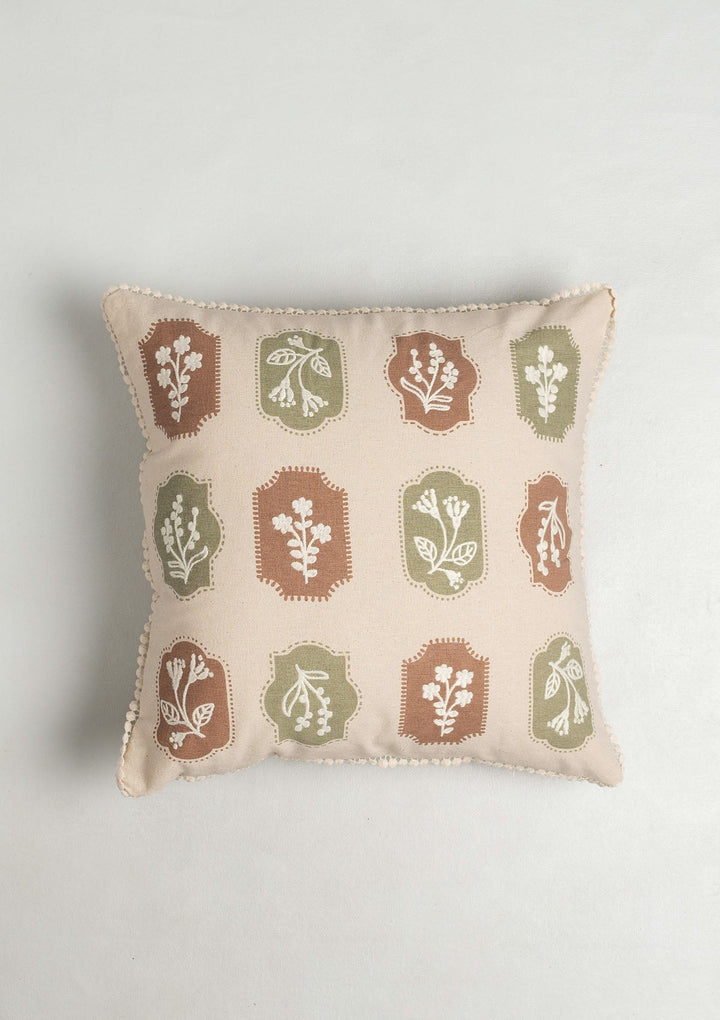 Stamps Green & Rust Floral Embroidered Cushion Cover for Sofa – 100% Cotton 16" x 16" | SHOBITAM