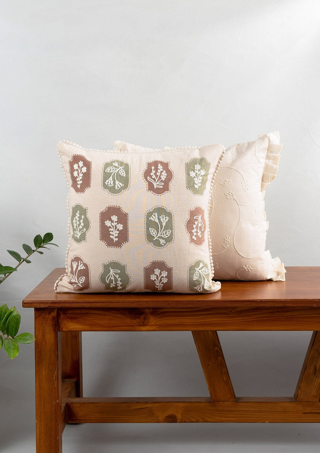 Stamps Green & Rust Floral Embroidered Cushion Cover for Sofa – 100% Cotton 16" x 16" | SHOBITAM