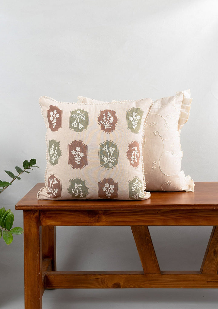 Stamps Green & Rust Floral Embroidered Cushion Cover for Sofa – 100% Cotton 16" x 16" | SHOBITAM