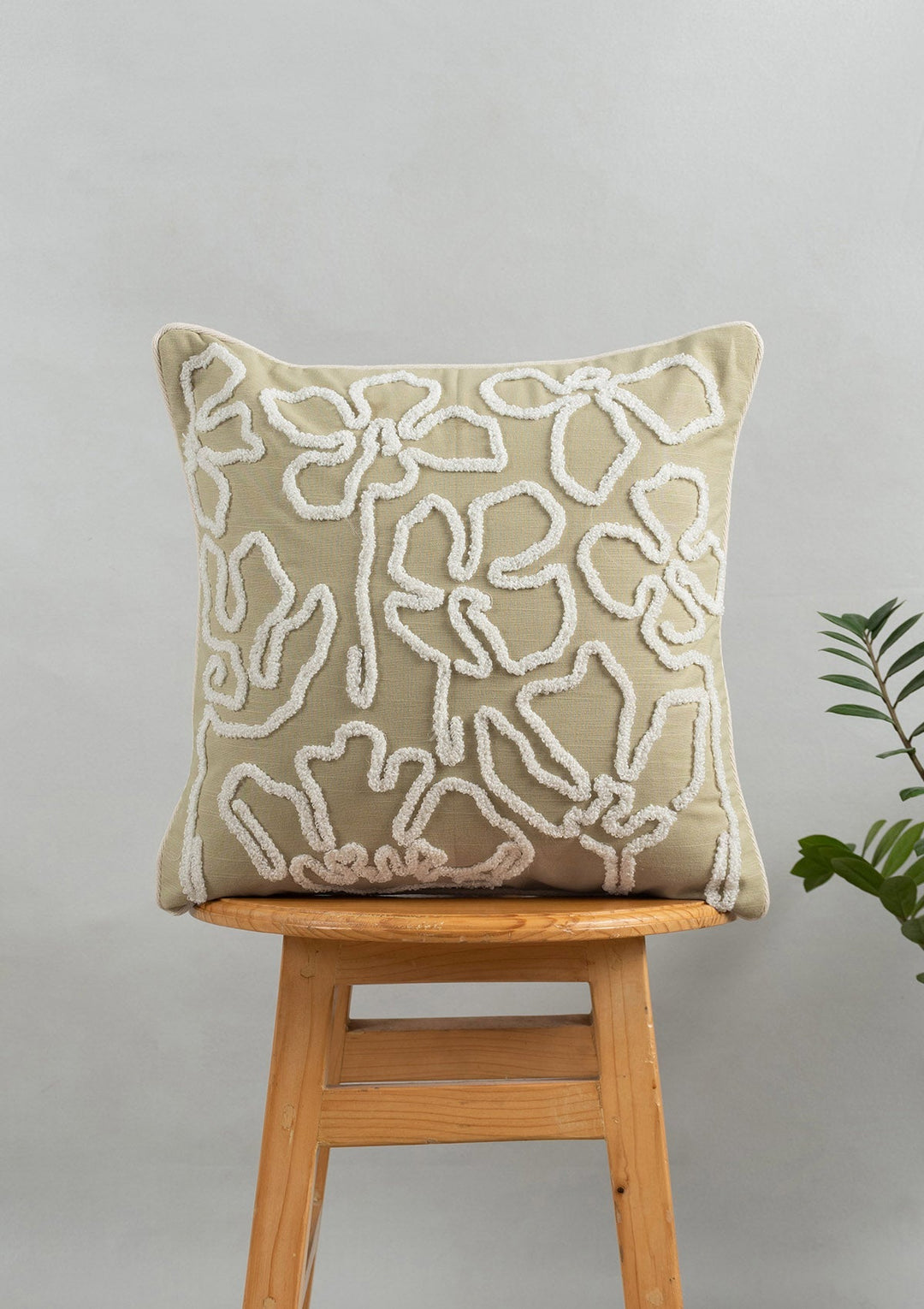 Stella Herb Green Floral Embroidered Cushion Cover for Sofa – 100% Cotton 16" x 16" | SHOBITAM