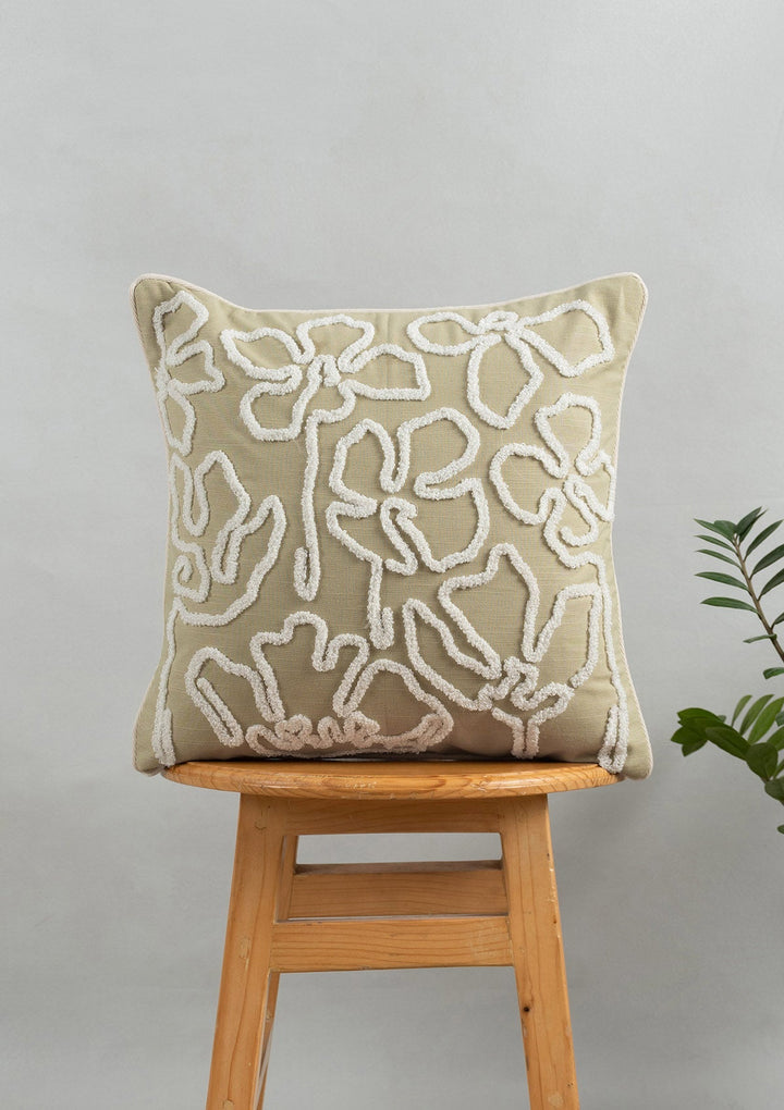 Stella Herb Green Floral Embroidered Cushion Cover for Sofa – 100% Cotton 16" x 16" | SHOBITAM