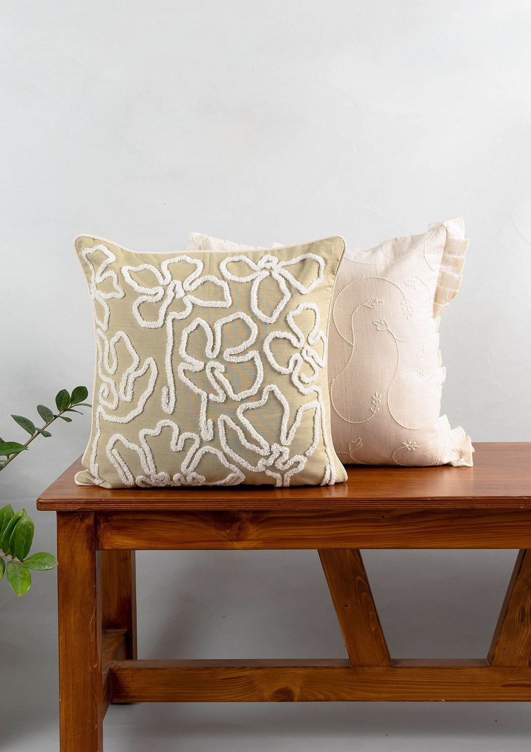 Stella Herb Green Floral Embroidered Cushion Cover for Sofa – 100% Cotton 16" x 16" | SHOBITAM