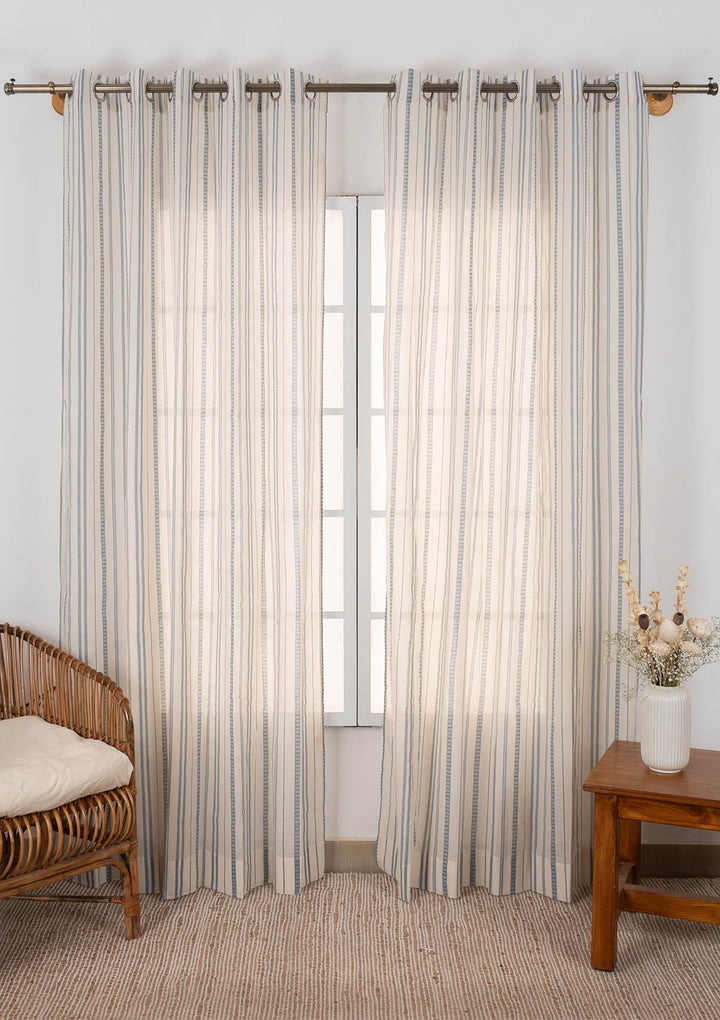 Still Water geometric 100% cotton sheer curtain for living room - Light Filtering - Mist Blue - Single Piece | SHOBITAM