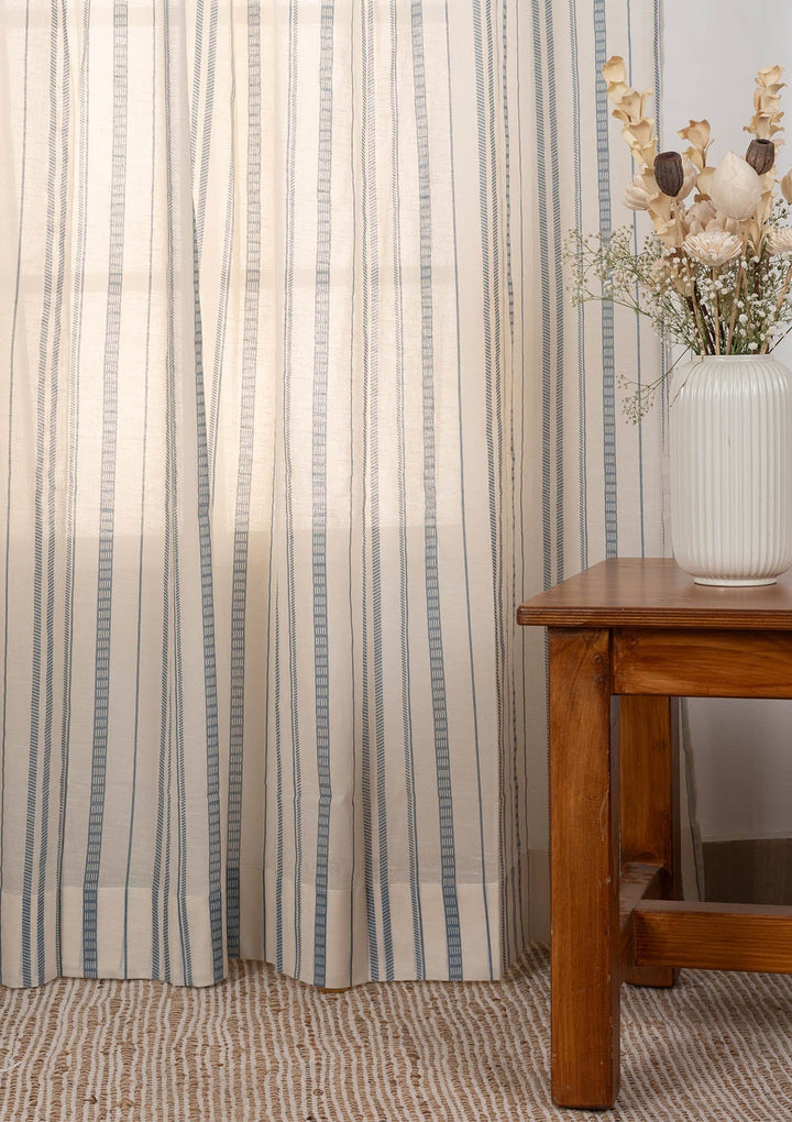 Still Water geometric 100% cotton sheer curtain for living room - Light Filtering - Mist Blue - Single Piece | SHOBITAM