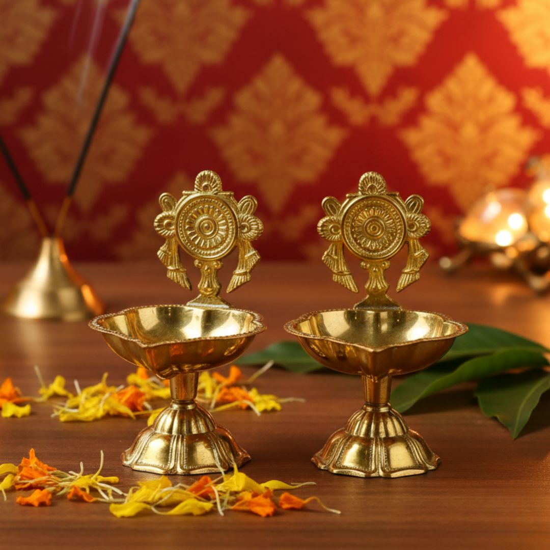 Brass Shankh & Chakra Jyoti Diya-Set of 2