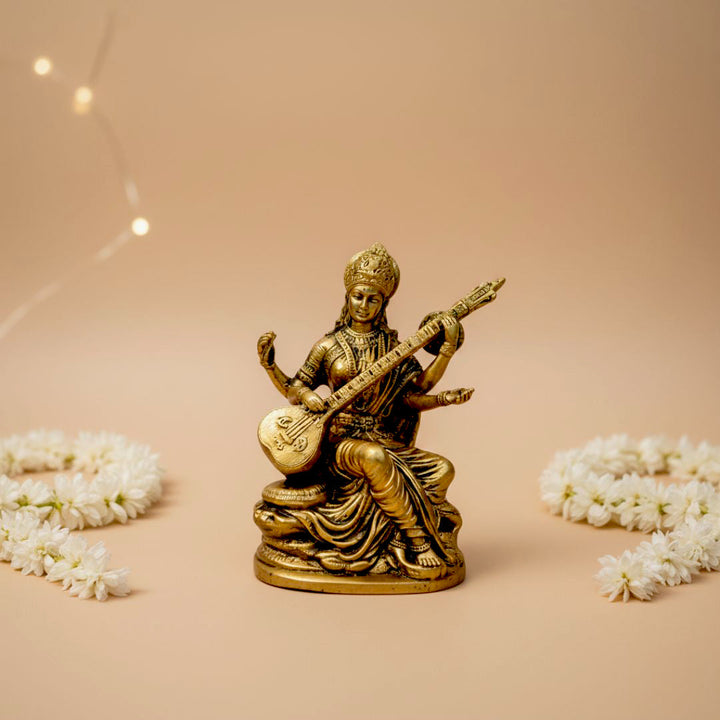 Handcrafted Brass Maa Saraswati Idol for Car Dashboard