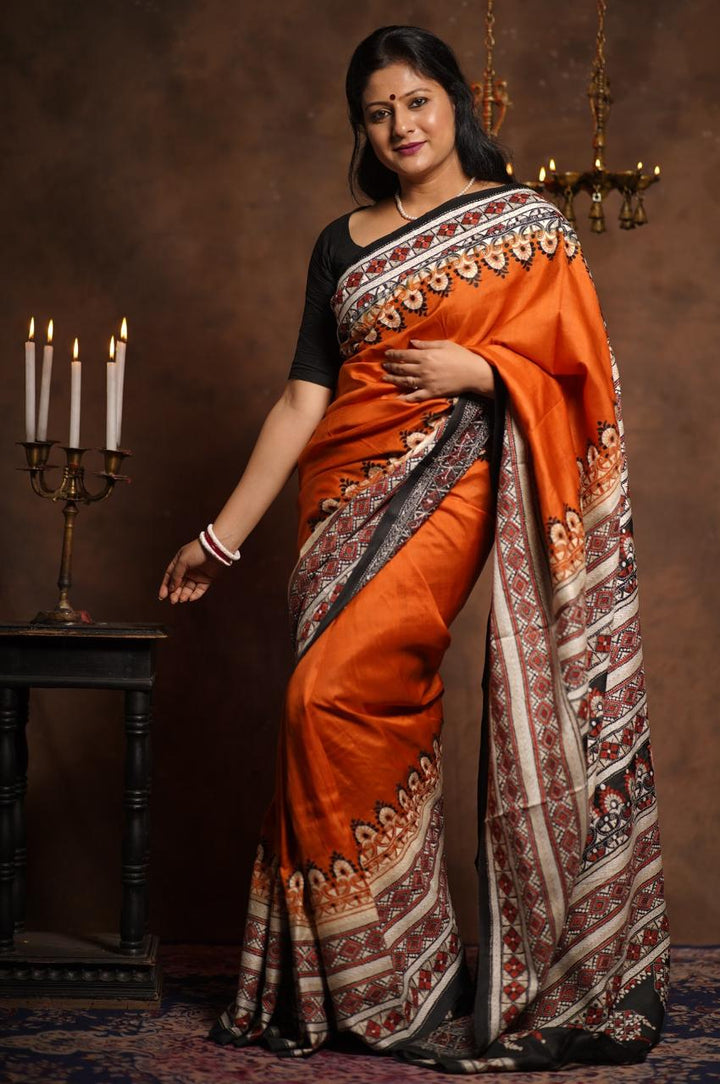 Rust Orange Pure Katan Silk Saree with Contrasting Hand Kantha Work | SILK MARK CERTIFIED | SHOBITAM
