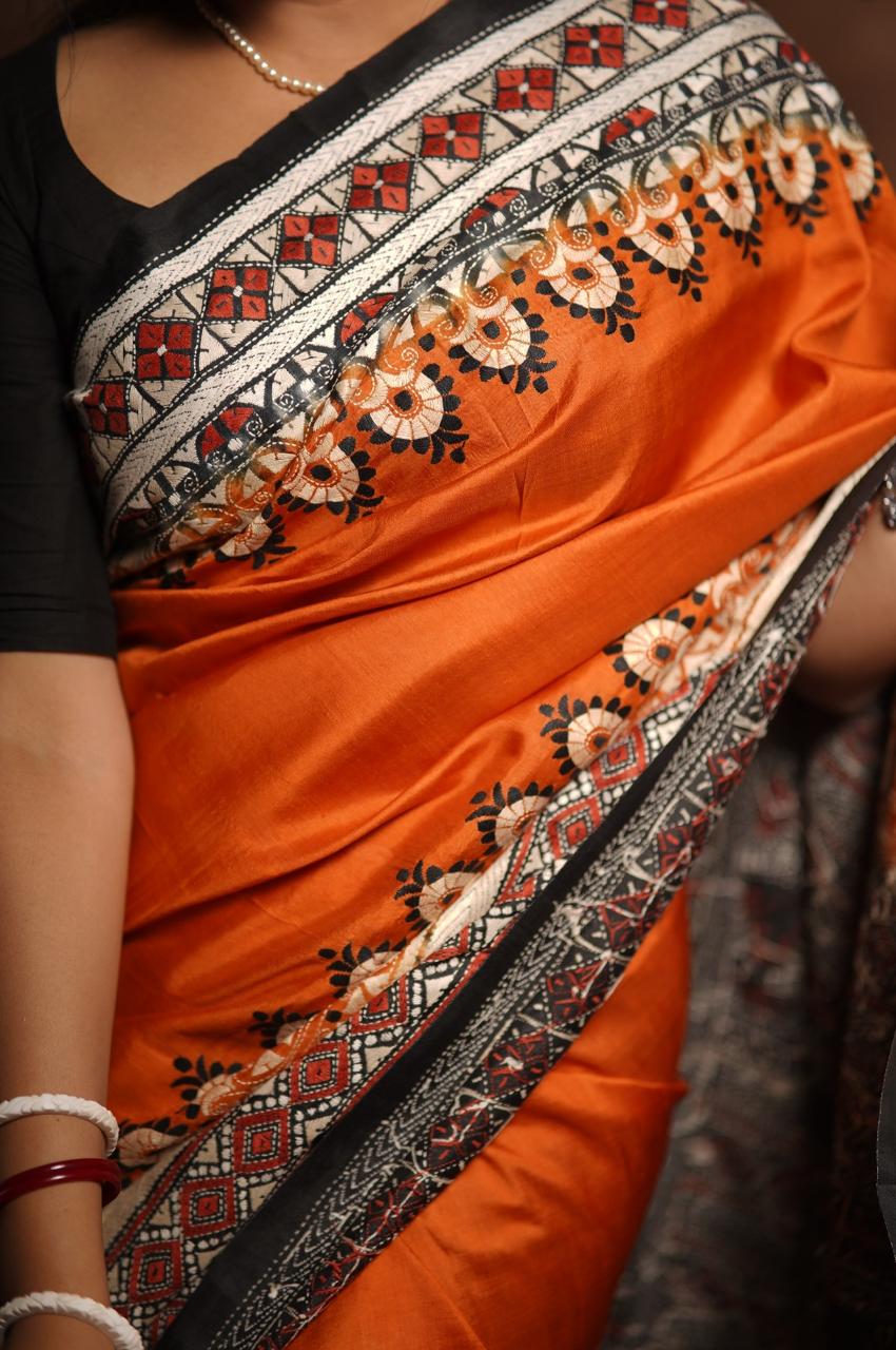 Rust Orange Pure Katan Silk Saree with Contrasting Hand Kantha Work | SILK MARK CERTIFIED | SHOBITAM