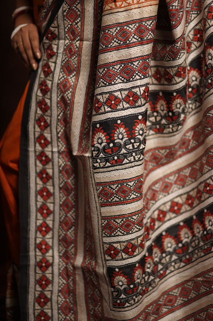 Rust Orange Pure Katan Silk Saree with Contrasting Hand Kantha Work | SILK MARK CERTIFIED | SHOBITAM