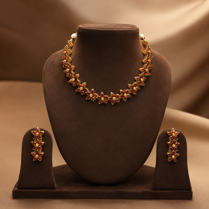 Sunset Bloom Orange CZ Necklace Set | SHOBITAM