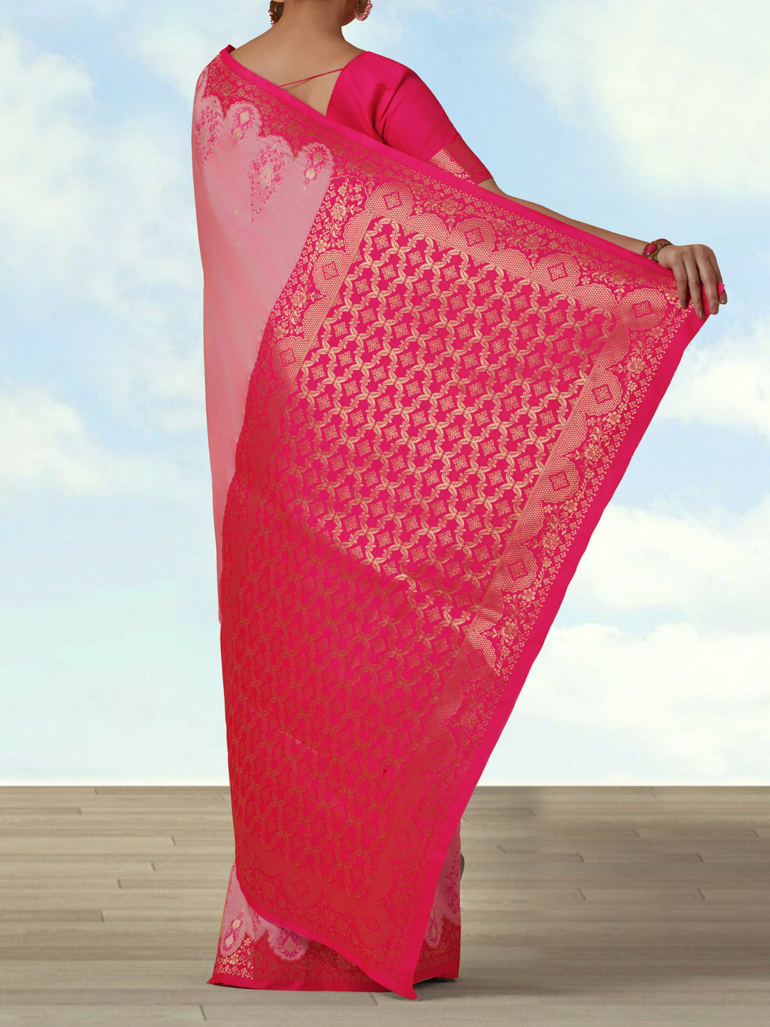 Light Pink Semi Banarasi Silk Blend Saree with Zari Woven Work | SHOBITAM