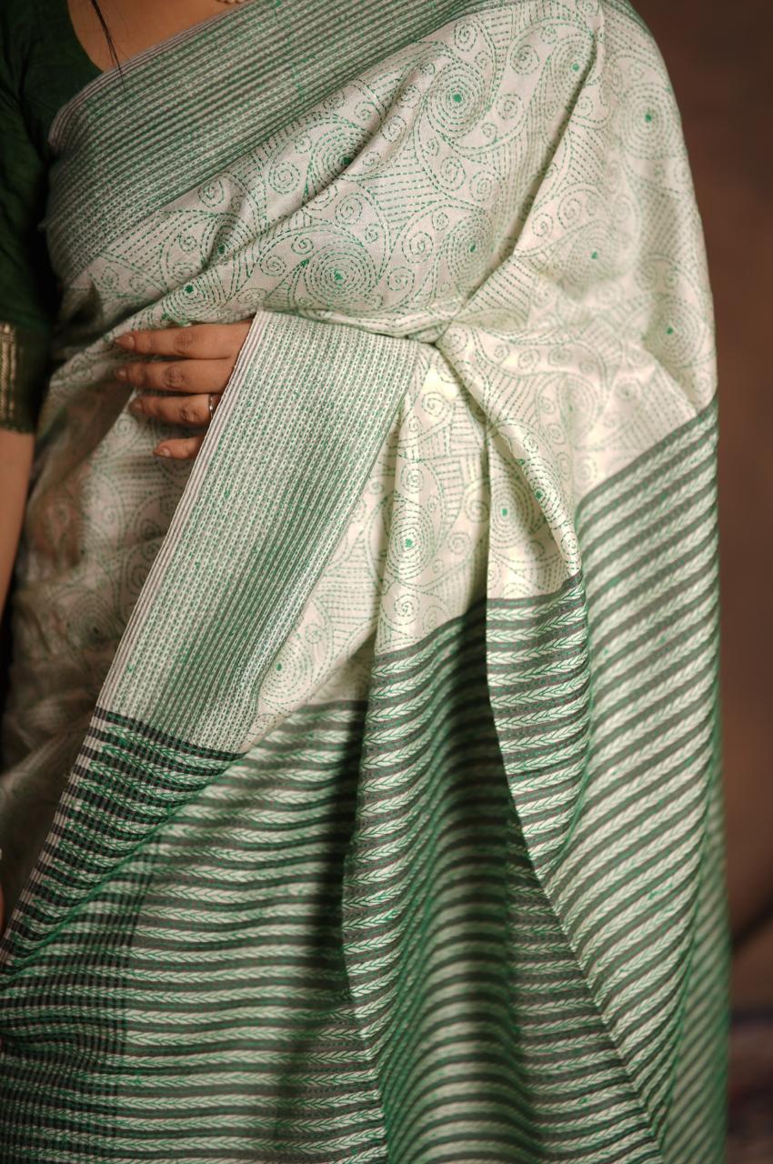 Swirls Jalpari Green Hand Embroidered Kantha Saree on Ivory Pure Katan Silk | SILK MARK CERTIFIED | SHOBITAM