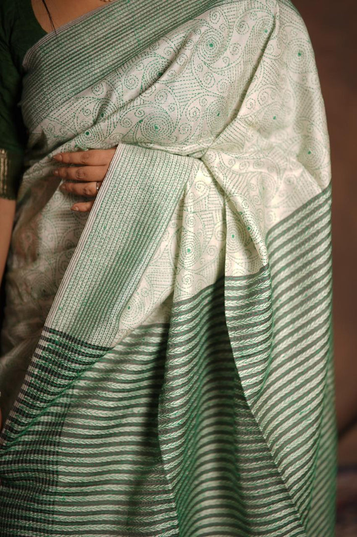 Swirls Jalpari Green Hand Embroidered Kantha Saree on Ivory Pure Katan Silk | SILK MARK CERTIFIED | SHOBITAM