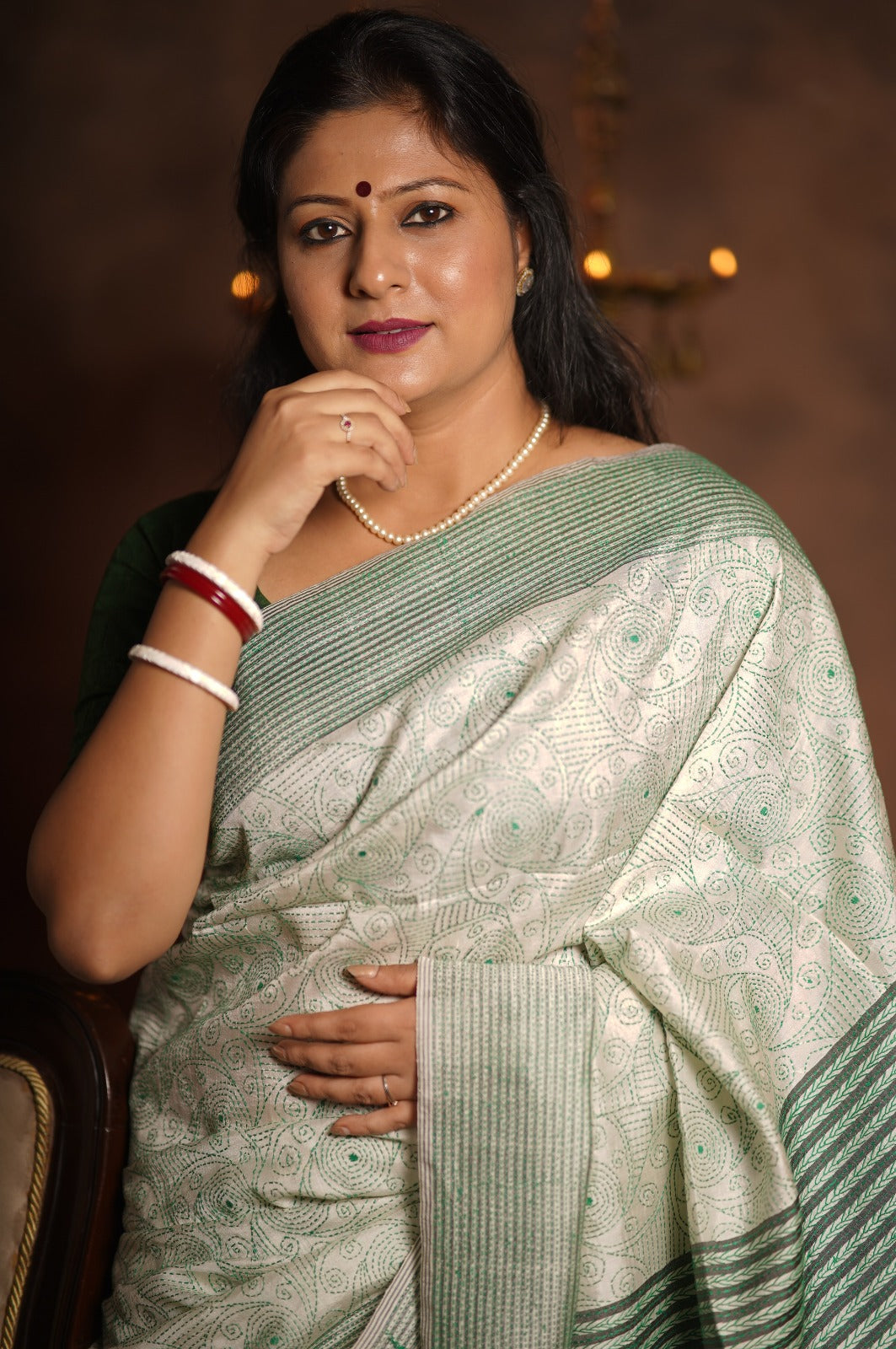 Swirls Jalpari Green Hand Embroidered Kantha Saree on Ivory Pure Katan Silk | SILK MARK CERTIFIED | SHOBITAM