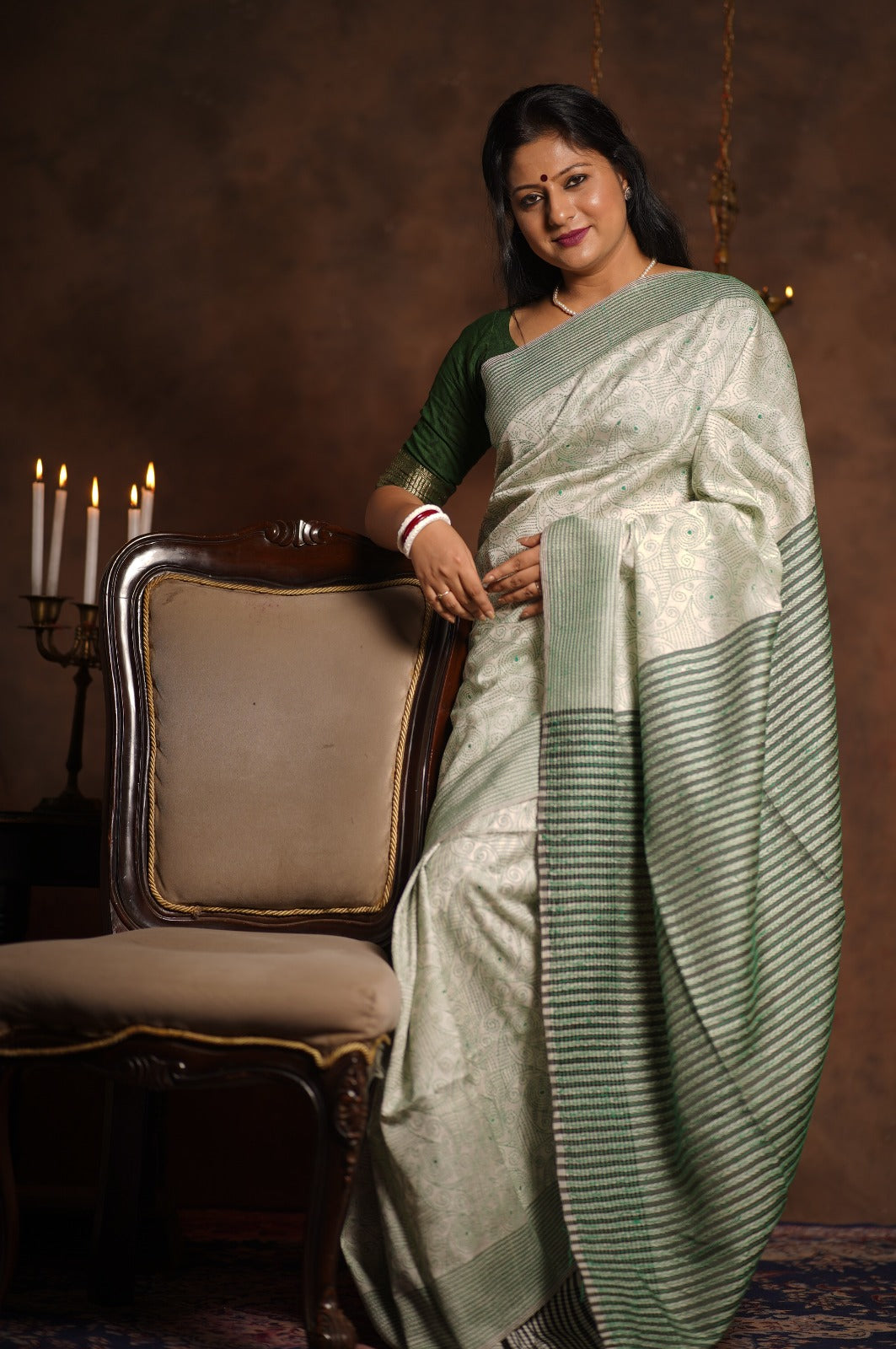 Swirls Jalpari Green Hand Embroidered Kantha Saree on Ivory Pure Katan Silk | SILK MARK CERTIFIED | SHOBITAM