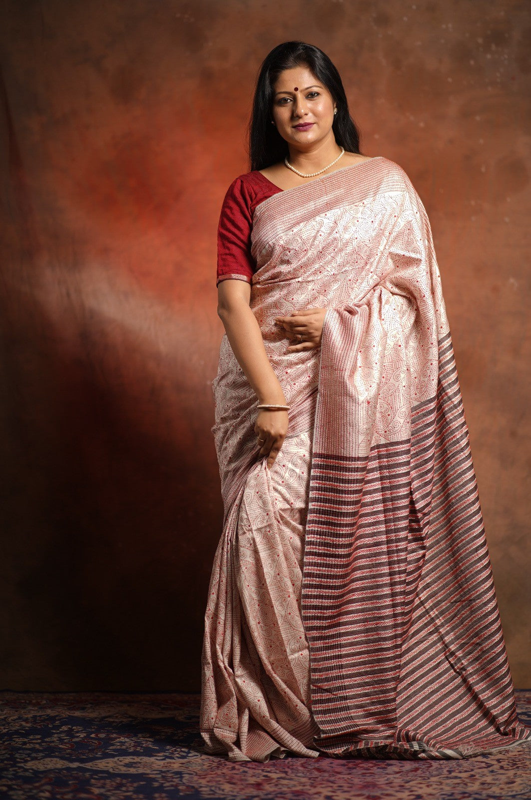Swirls Jalpari Red Hand Embroidered Kantha Saree on Ivory Pure Katan Silk | SILK MARK CERTIFIED | SHOBITAM