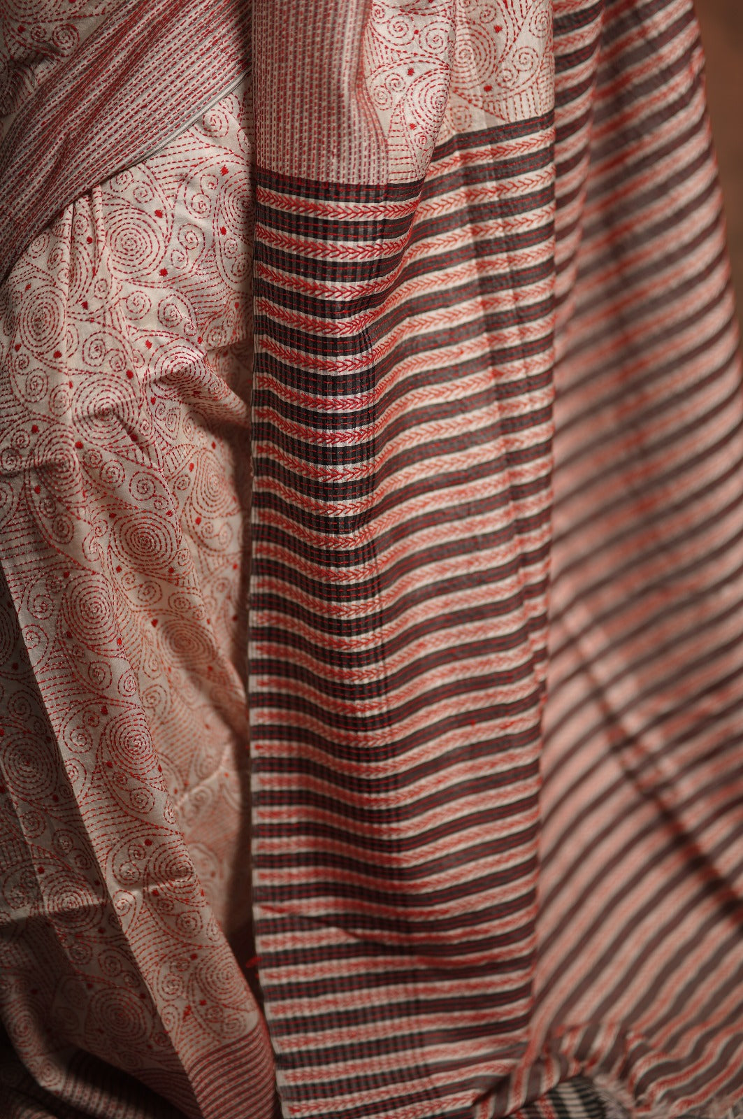 Swirls Jalpari Red Hand Embroidered Kantha Saree on Ivory Pure Katan Silk | SILK MARK CERTIFIED | SHOBITAM