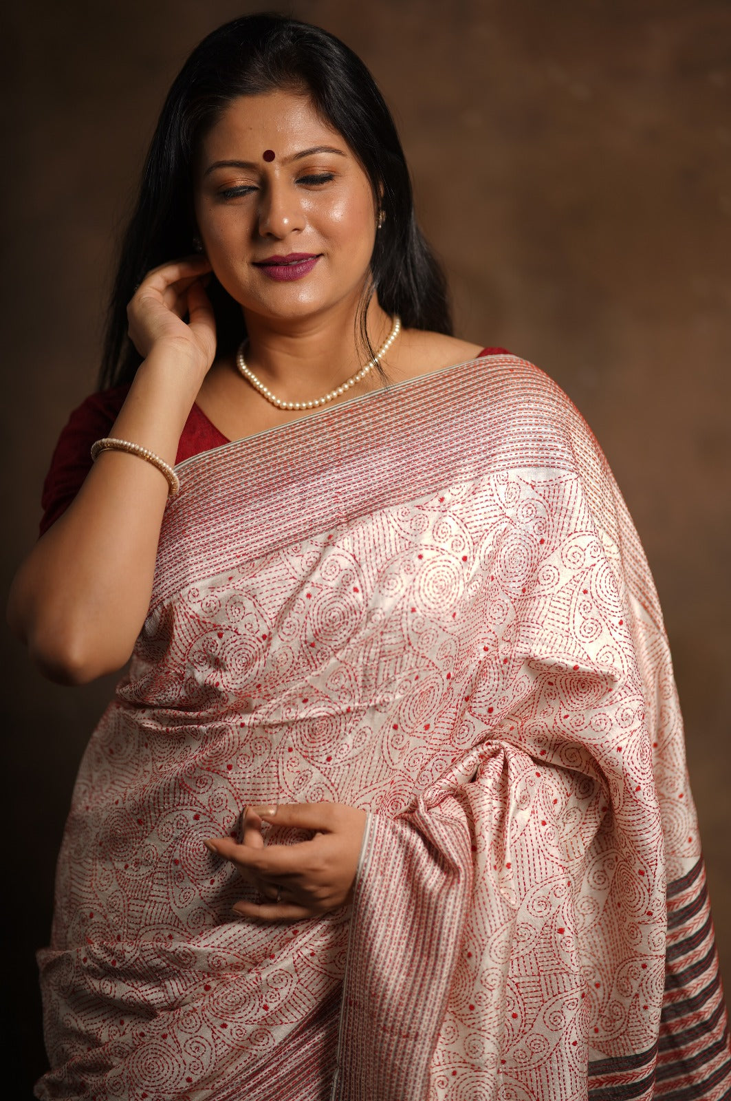 Swirls Jalpari Red Hand Embroidered Kantha Saree on Ivory Pure Katan Silk | SILK MARK CERTIFIED | SHOBITAM