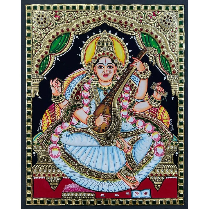 15*12" Saraswathi Tanjore Painting Authentic with 22 Ct Gold Foil and Jaipur Gemstones, Unframed | SHOBITAM