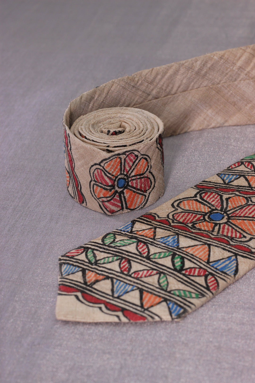 Multicolor Men's Tie in Pure Tussar Silk with Madhubani Hand Painting | SILK MARK CERTIFIED