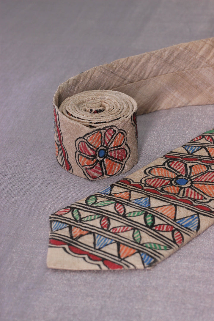 Multicolor Men's Tie in Pure Tussar Silk with Madhubani Hand Painting | SILK MARK CERTIFIED