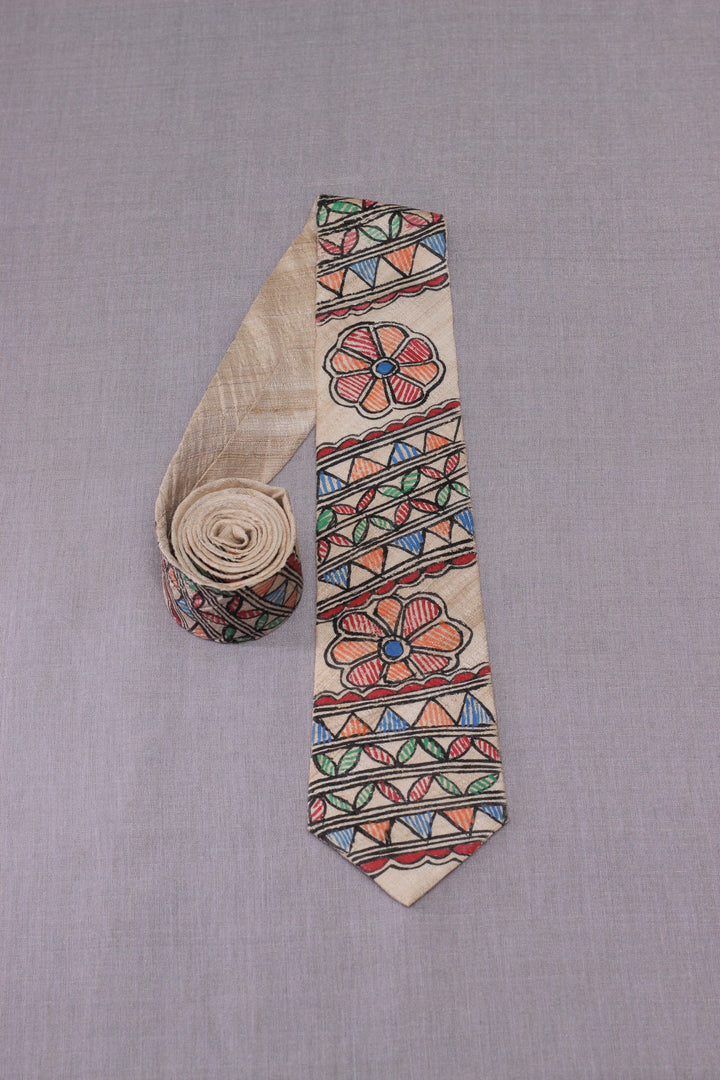 Multicolor Men's Tie in Pure Tussar Silk with Madhubani Hand Painting | SILK MARK CERTIFIED