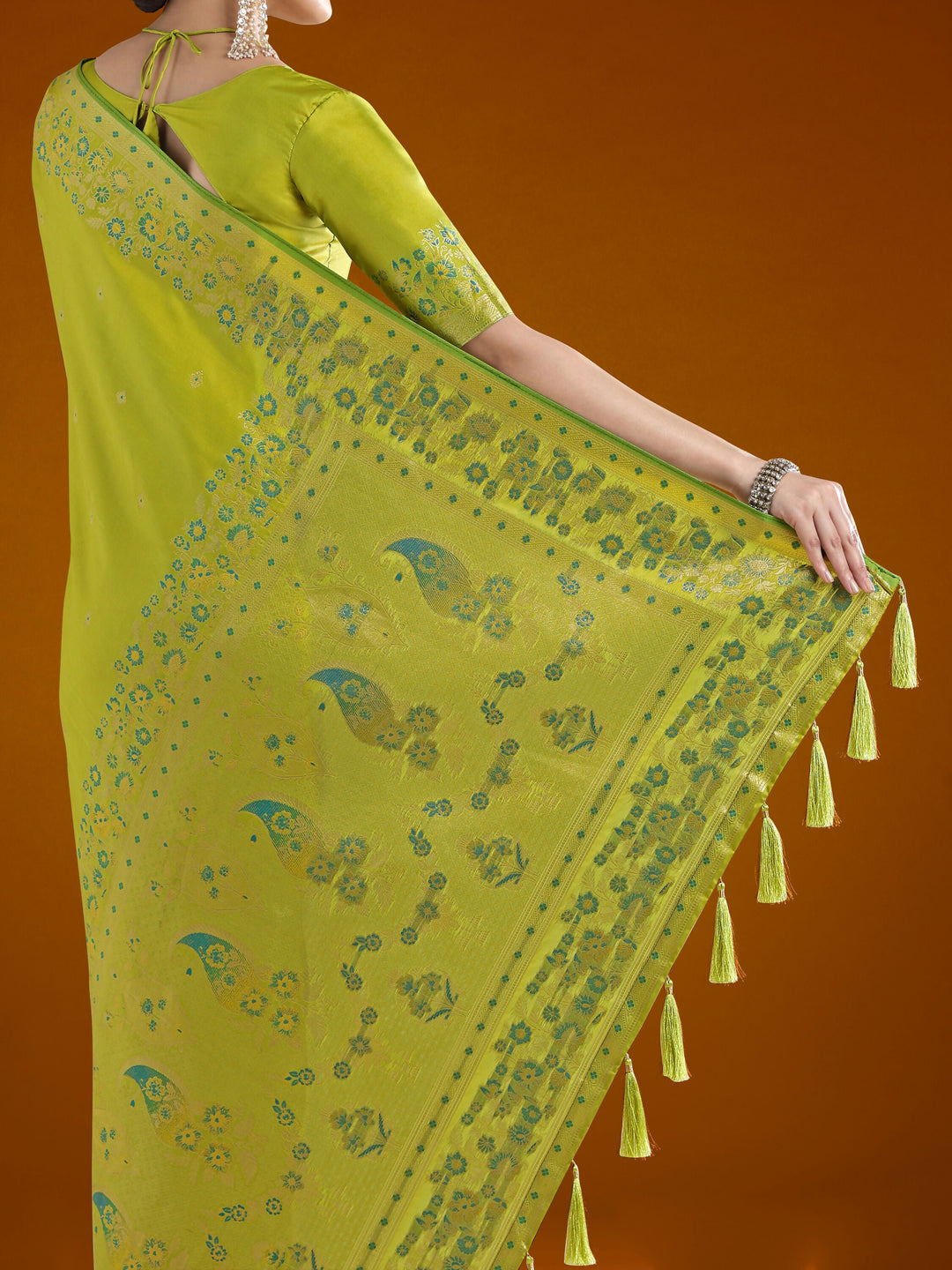 Pear Semi Banarasi Satin silk Saree With Zari Border And Butti Work | SHOBITAM