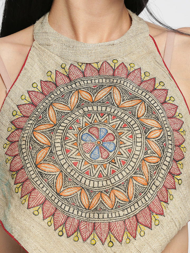 Halter Neck Madhubani Hand Painting Ghicha Tussar Silk Blouse in Natural Color