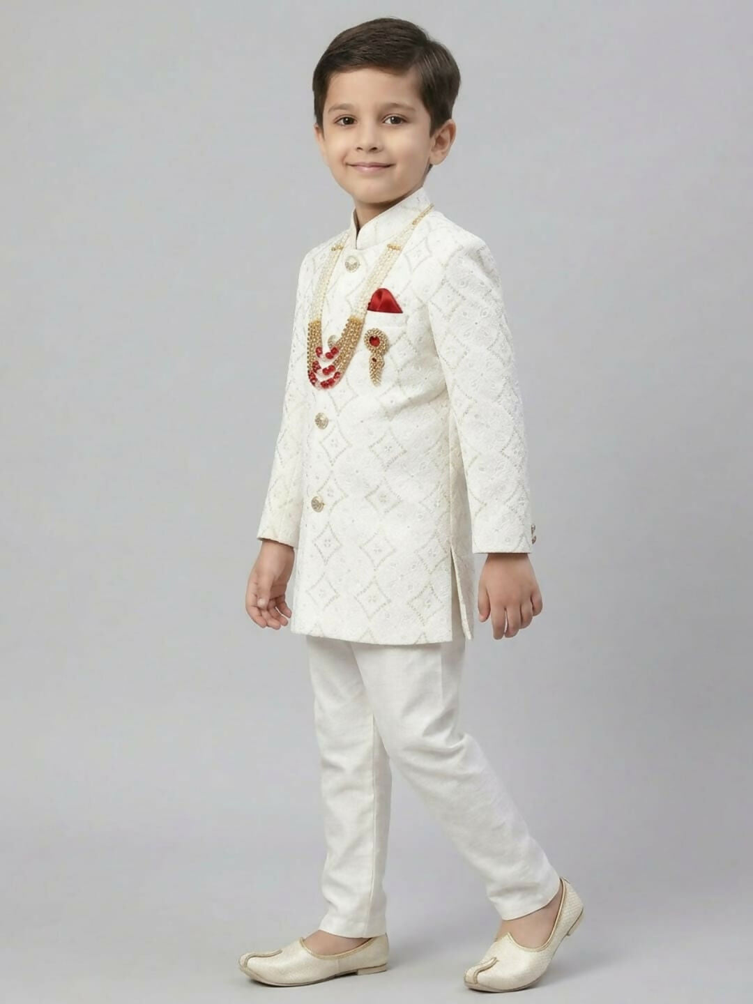 Boys Embroidered White Indo Western Sherwani Set and Trouser with Pocket | SHOBITAM