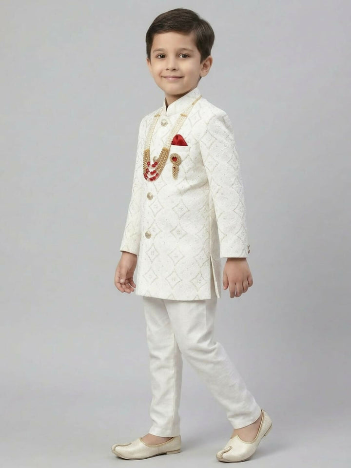 Boys Embroidered White Indo Western Sherwani Set and Trouser with Pocket | SHOBITAM