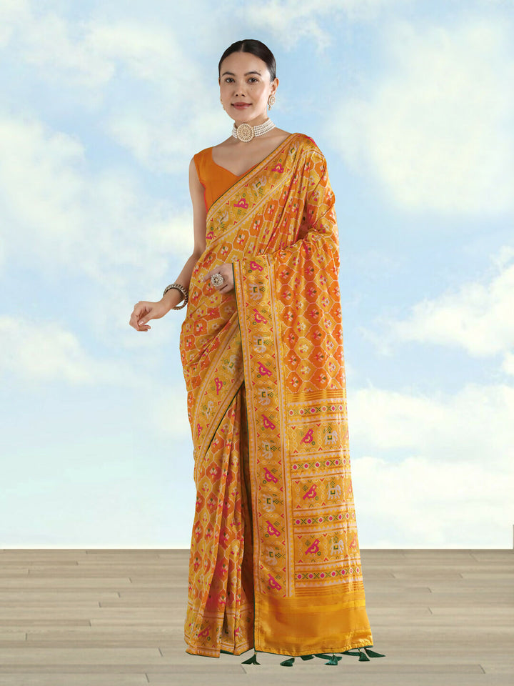Mustard Semi Banarasi Satin Silk Saree With Patola Work | SHOBITAM